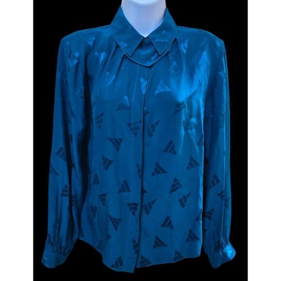 Vintage Teal Blouse Abstract Patterns & Unique Collar Design old money Elegant - Picture 1 of 8